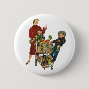 Retro Family, Mamma och Kids Livsmedel Shopping Ca Knapp