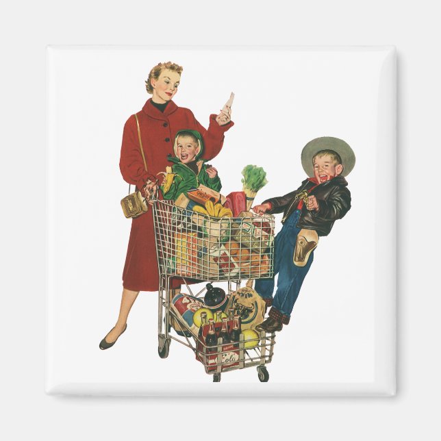Retro Family, Mamma och Kids Livsmedel Shopping Ca Magnet (Framsidan)