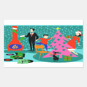 Retro Family Trimming av Julgran-påkarna Rektangulärt Klistermärke