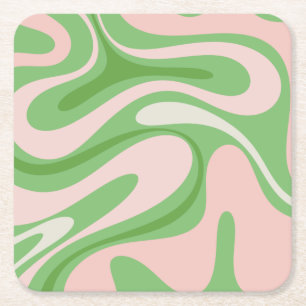 Retro Fantasy Swirl Abstrakt Mönster Grönt Rosa Underlägg Papper Kvadrat