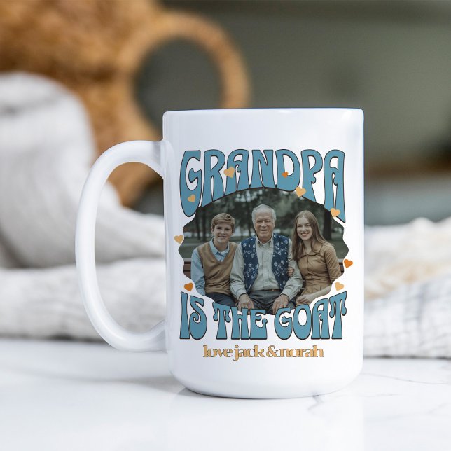 Retro Farfar är bocken Foto Mugg (Retro GOAT mug for greatest grandpa of all time with photo and grandkids names)
