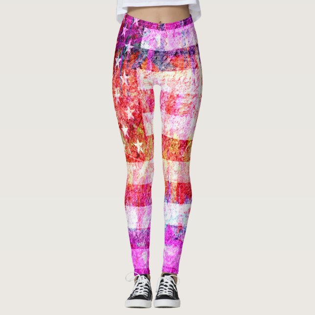 Retro Färg Amerikansk Flagga #14 Leggings (Framsida)