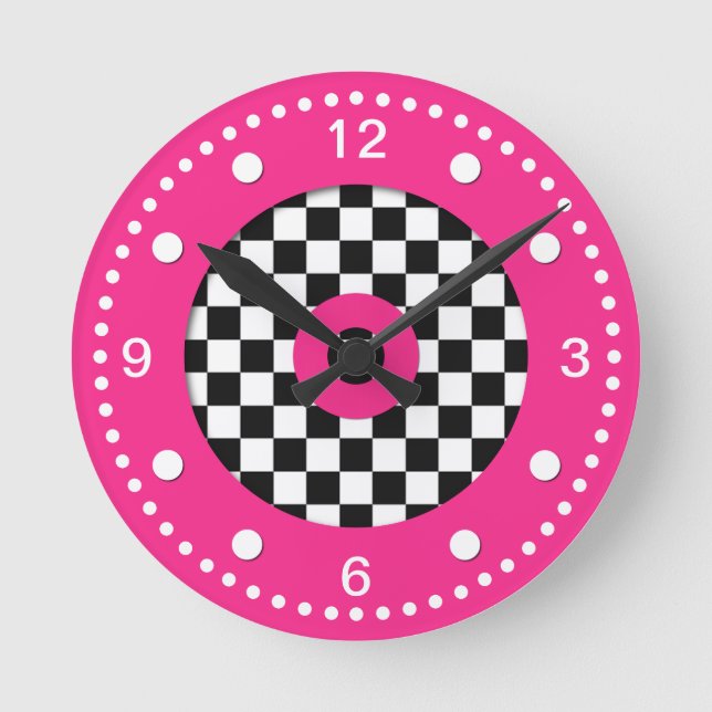 Retro Färg Checks och Shock rosa Wall Clock Rund Klocka (Framsida)