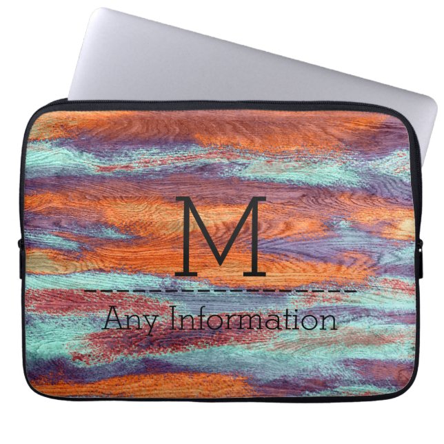 Retro färg trästruktur textur monogram laptop fodral (Framsidan)