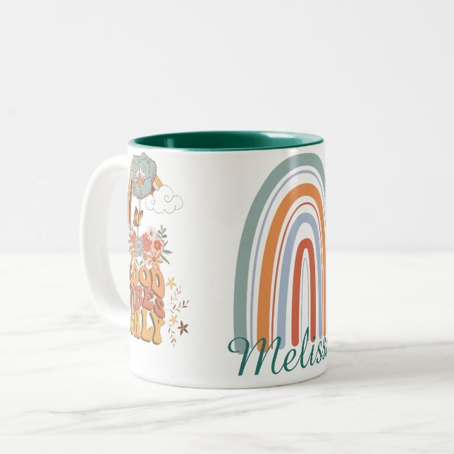 Retro-färgade blommor groovy-blommigt regnbåge Två-Tonad mugg (Framsida vänster)