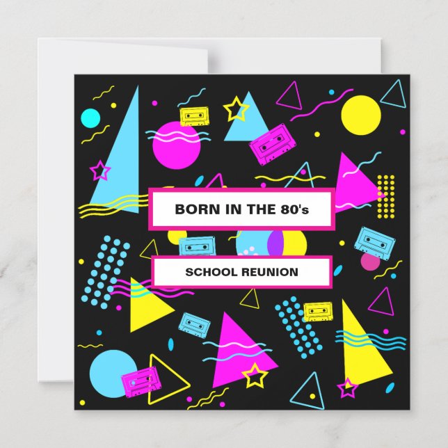 RETRO FÄRGFORMER BORN 80'S SKOLREUNION MAGNETISK INBJUDNINGSKORT (Framsida)