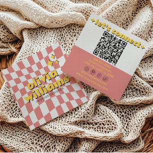 Retro Färgglad Djärv QR-kod Groovy Rutig Boho Fyrkantigt Visitkort