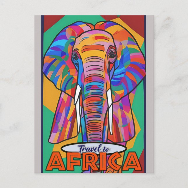 Retro Färgglad Elefant Resa Afrika Vykort (Framsida)