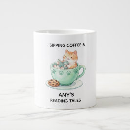 Retro Färgglad Katt Anpassad Namn Läsning Kaffe Mu Jumbo Mugg