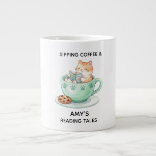 Retro Färgglad Katt Anpassad Namn Läsning Kaffe Mu Jumbo Mugg