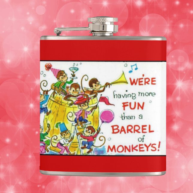 Retro Färgglad Mer Kul Tunna Med Apor Fickplunta (Barrel of party monkeys on Having More Fun Than Barrel of Monkeys red white drinking flask.)