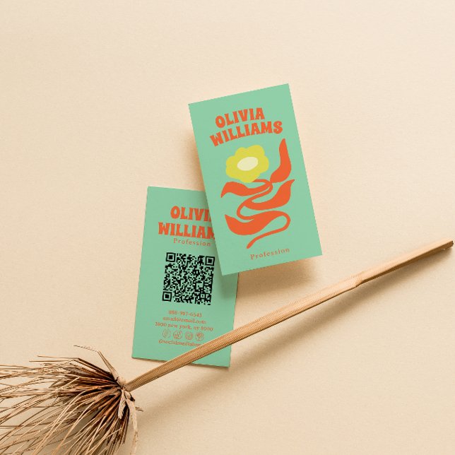 Retro Färgglad QR-kod Boho Groovy Blommig Tusenskö Visitkort (Skapare uppladdad)