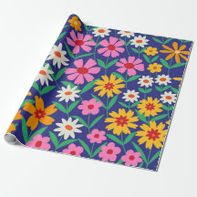 Retro färgglada boho blommor på marinblå