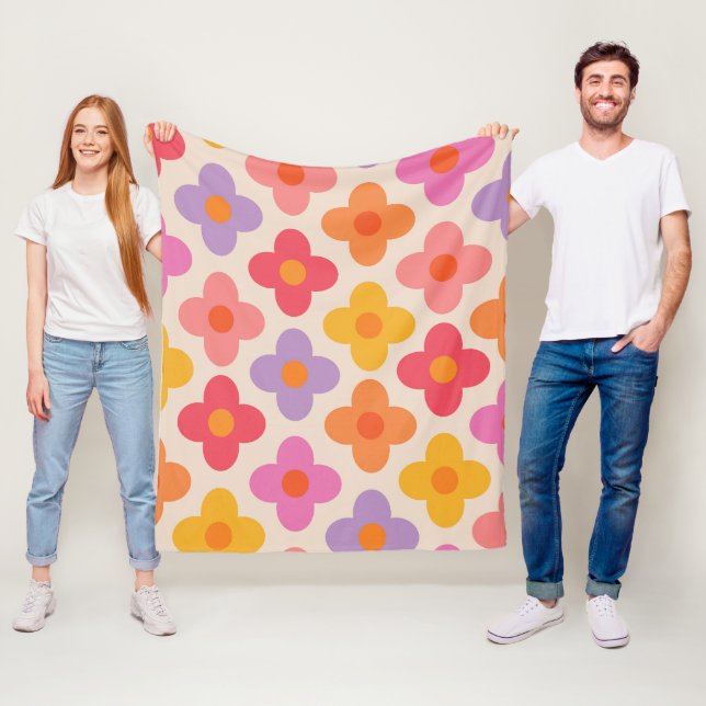 Retro Färgglada Hippie Mod Blommor Mönster  Fleecefilt (På plats)