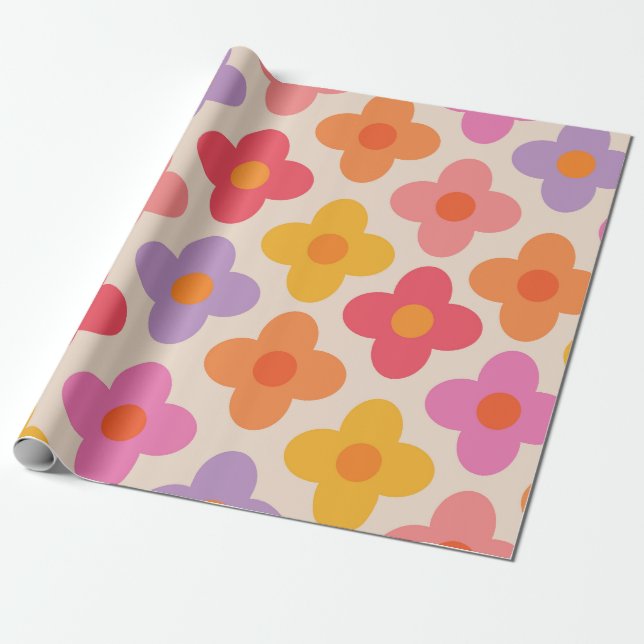 Retro Färgglada Hippie Mod Blommor Mönster  Presentpapper (Utrullad)