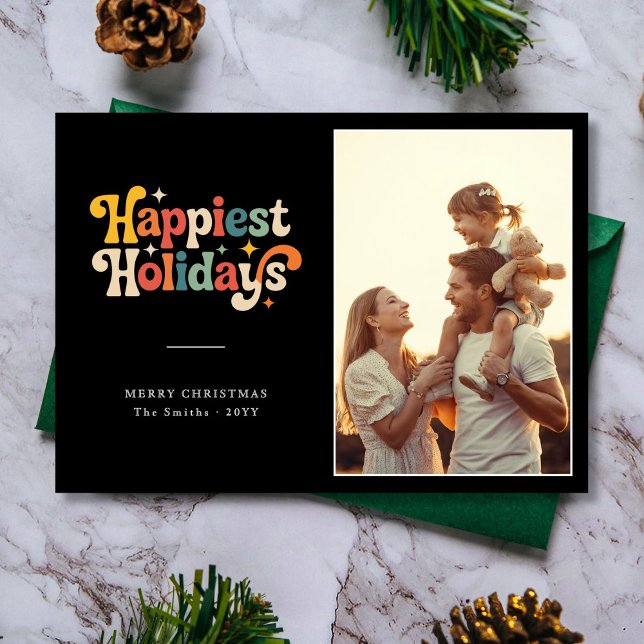 Retro Färgglatt God Jul Familjefoto  Julkort (Skapare uppladdad)