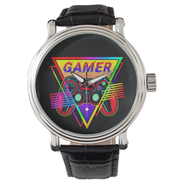 Retro färgglatt regnbåge Gamer Dator Gaming  Armbandsur (Framsida)