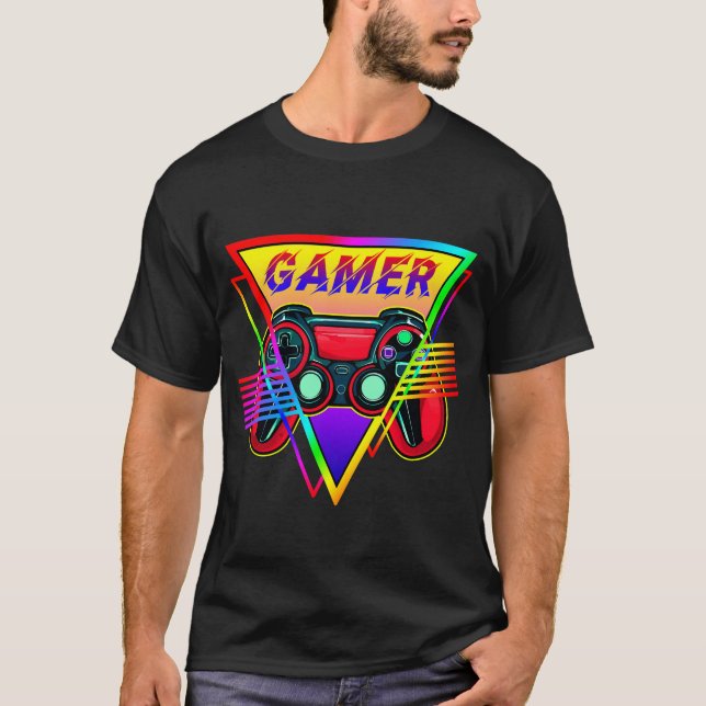 Retro färgglatt regnbåge Gamer Dator Gaming  T Shirt (Framsida)