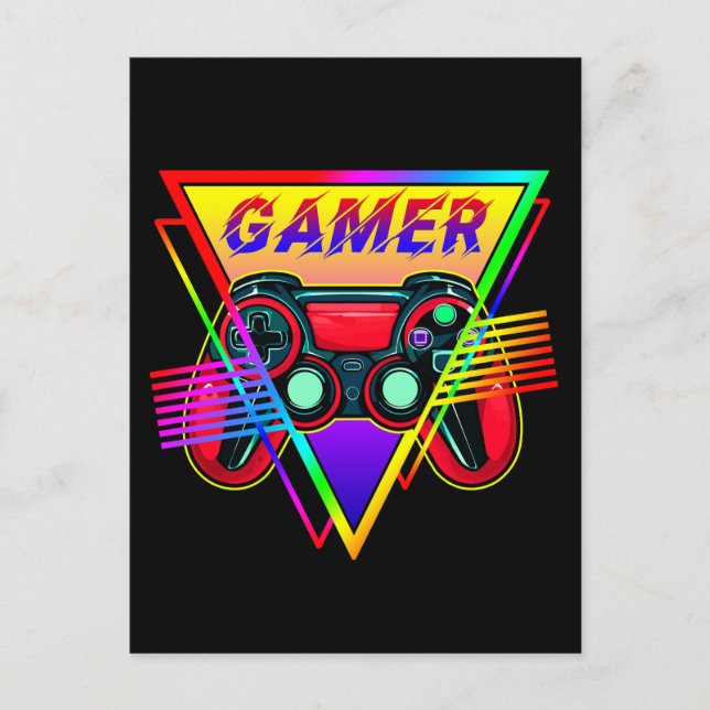 Retro Färgglatt Regnbåge Gamer Dator Spelande  Vykort (Framsida)