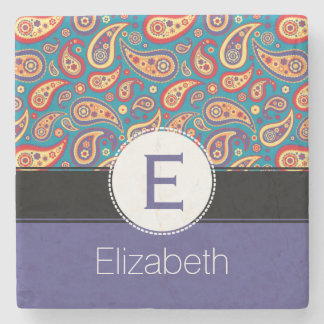 Retro färgrikt Paisley Monogram och namnmönster Underlägg Sten