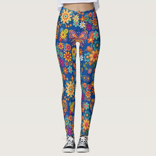 Retro, färgstarka blommor mönster. Blue BG Leggings (Framsida)