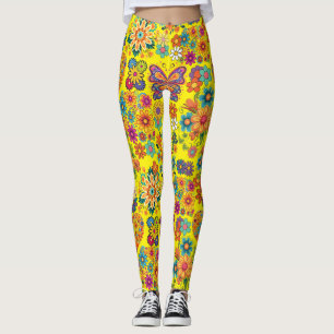 Retro, färgstarka blommor mönster. Bright Gult BG Leggings