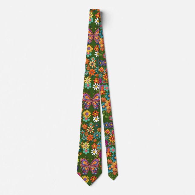 Retro, färgstarka blommor mönster. D Grönt BG Slips (Framsida)