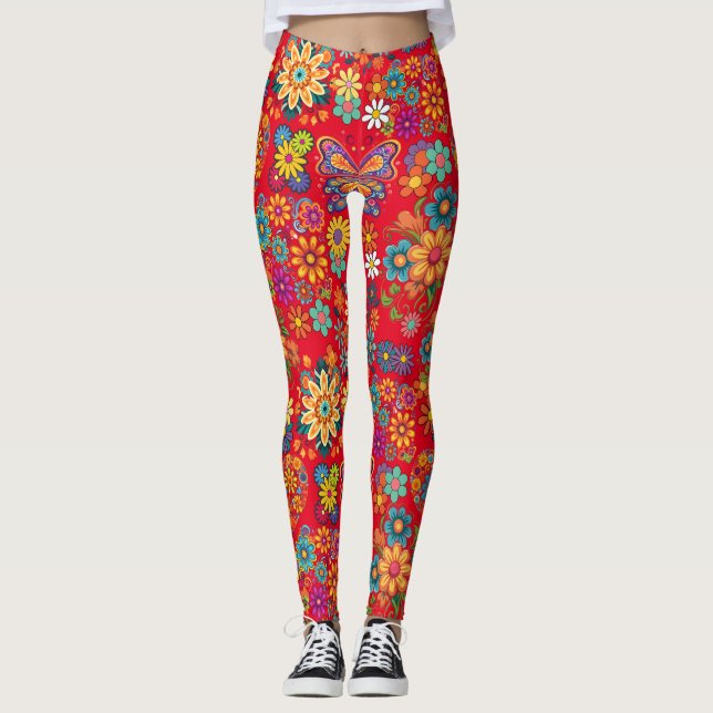 Retro, färgstarka blommor mönster. Red BG Leggings (Framsida)