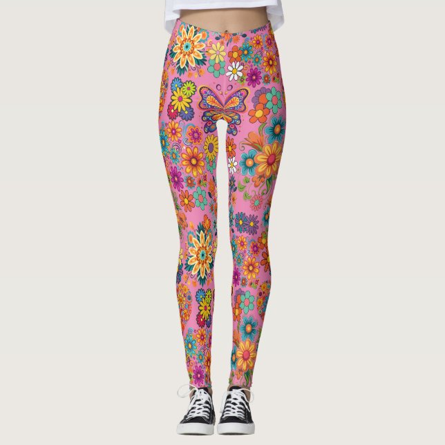 Retro, färgstarka blommor mönster. Rosa BG Leggings (Framsida)