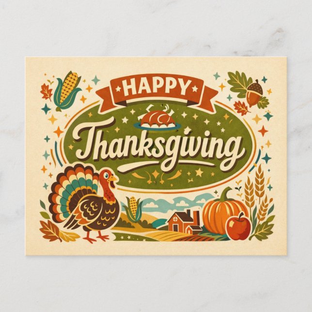 Retro Farmhouse Happy Thanksgiving Turkey Harvest  Helg Vykort (Framsida)
