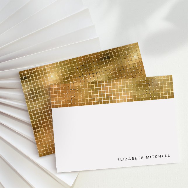 Retro Faux Guld Disco Boll Spegel | Monogram Anteckningskort (Glam, disco-inspired note cards)