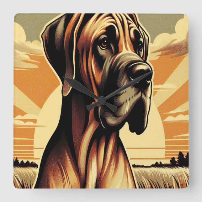 Retro Fawn Great dane Gult Brown Black Artwork Fyrkantig Klocka (Framsida)