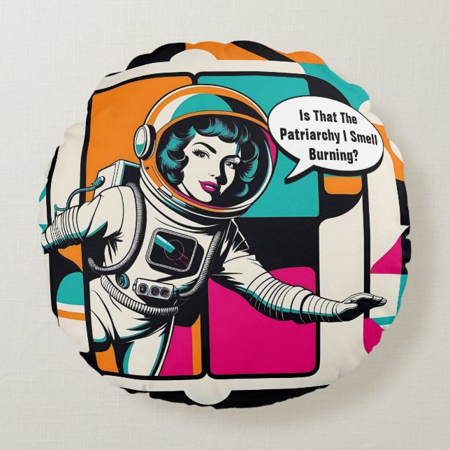 Retro Feminist patriarki Female astronaut poppkons Rund Kudde (Framsidan)