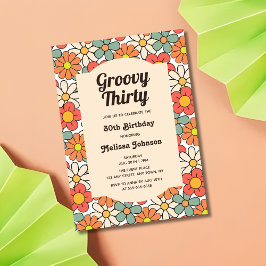 Retro Fersk Orange Blommig Groovy 30-årsdag Inbjudningar