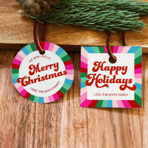 Retro Festive Rainbow Rosa jul Helgdag Gift Gåvor Etiketter