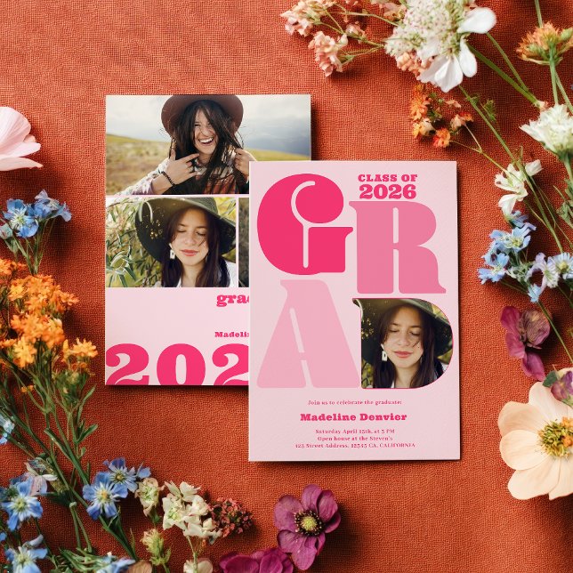 Retro fet, överdimensionerat Grad 4-foto 2023 stud Inbjudningar (Retro bold oversized Grad 4 photo 2026 graduation Invitation)