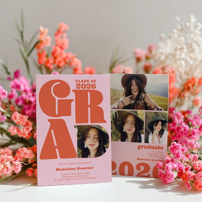 Retro fet, överdimensionerat Grad 4-foto 2023 stud Inbjudningar (Retro bold oversized Grad 4 photo 2026 graduation Invitation)