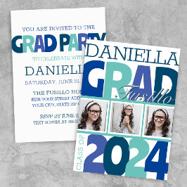 Retro fet Oversized 3 Photo Blue Teal Grad Party Inbjudningar
