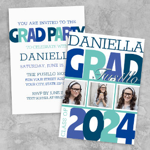 Retro fet Oversized 3 Photo Blue Teal Grad Party Inbjudningar