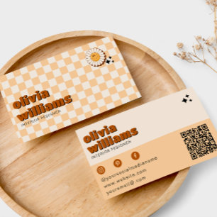 Retro fet QR kod Boho Groovy Smiling Flower Visitkort