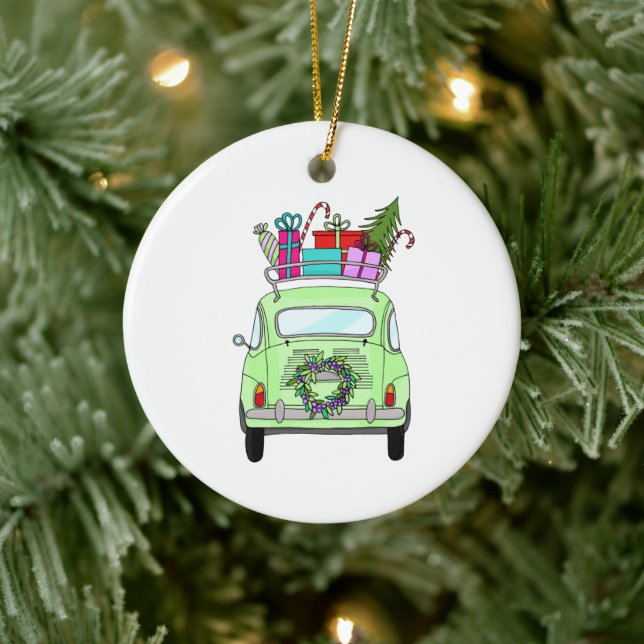 Retro Fiat 500 med julklappar Julgransprydnad Keramik (Träd)