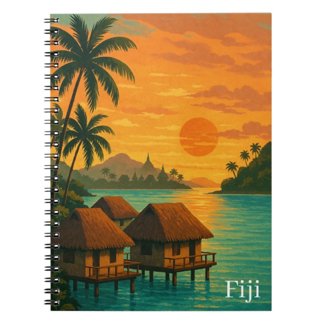 Retro Fiji Tropical Ocean Bungalows Sunset View Anteckningsbok (Framsidan)
