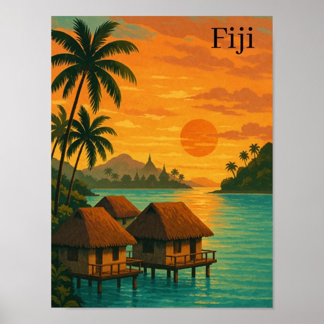 Retro Fiji Tropical Ocean Bungalows Sunset View Poster (Framsidan)