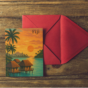 Retro Fiji Tropical Ocean Bungalows Sunset View Vykort