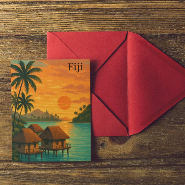 Retro Fiji Tropical Ocean Bungalows Sunset View Vykort (Retro Fiji Tropical Ocean Bungalows Sunset View Postcard)