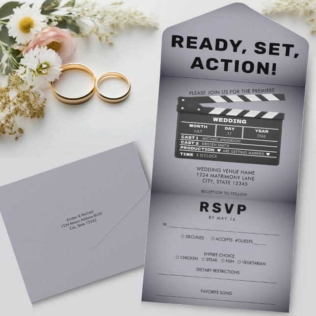 Retro Film Clap Board Grått Bröllop (Retro Movie Film Clap Board Grey Wedding All In One Invitation)