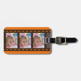 Retro filmremsa upp till 3 porträttfoton på orange bagagebricka