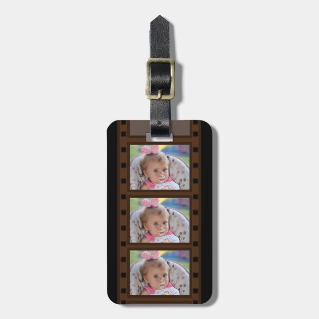 Retro-filmstrimling upp till 3 foton på svart bagagebricka (Vertikal Framsida)