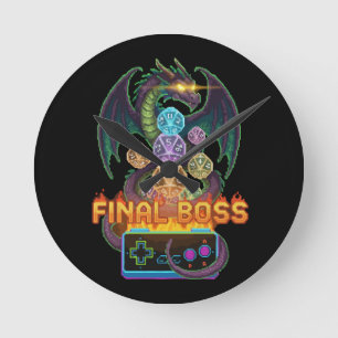 Retro Final Boss Dragon & Dice   Gamer TTRPG Pixel Rund Klocka