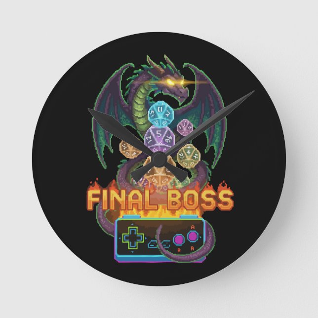 Retro Final Boss Dragon & Dice | Gamer TTRPG Pixel Rund Klocka (Framsida)